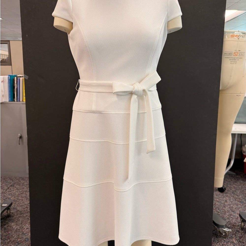 Anne Klein White Textured Cap Sleeve Belted A-Line Dress